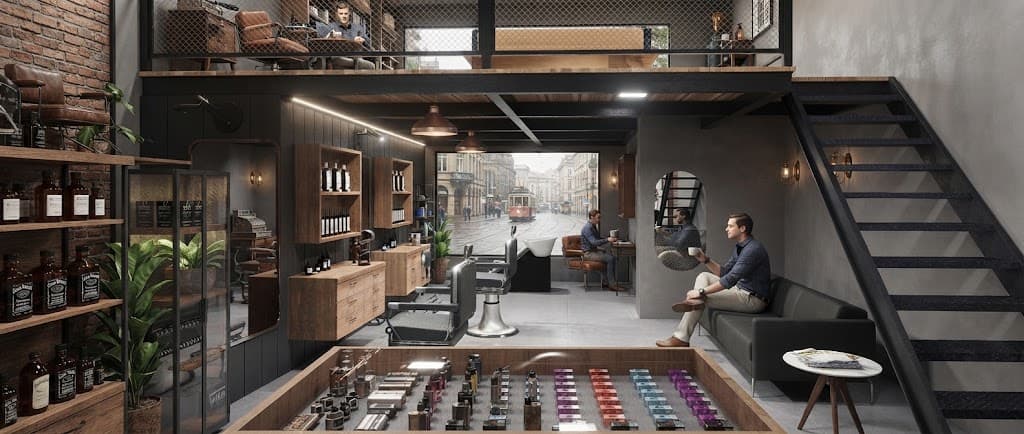 El local: sillones de barbero, estantes de madera, sala de espera y escalera al entrepiso.